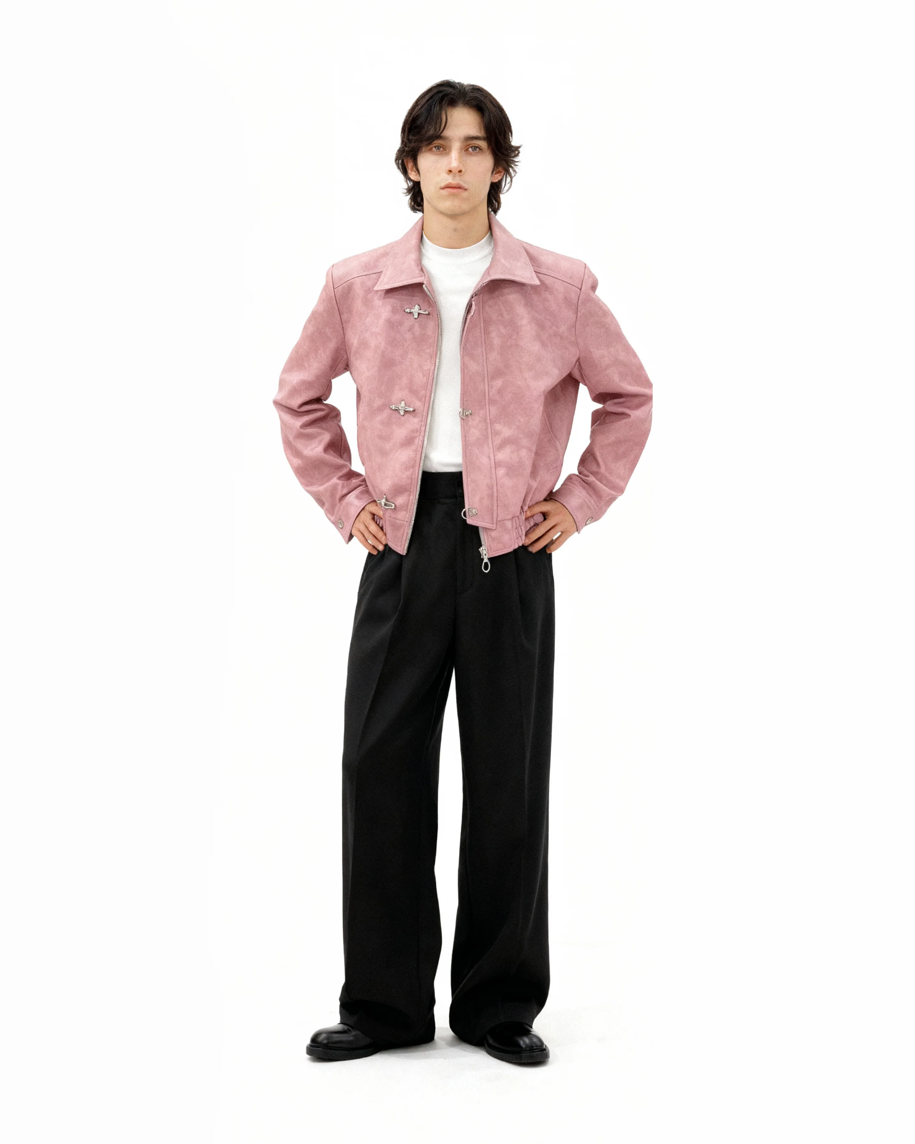 Fireman Clasp-Buckle Faux Leather Collared Jacket - Image 20
