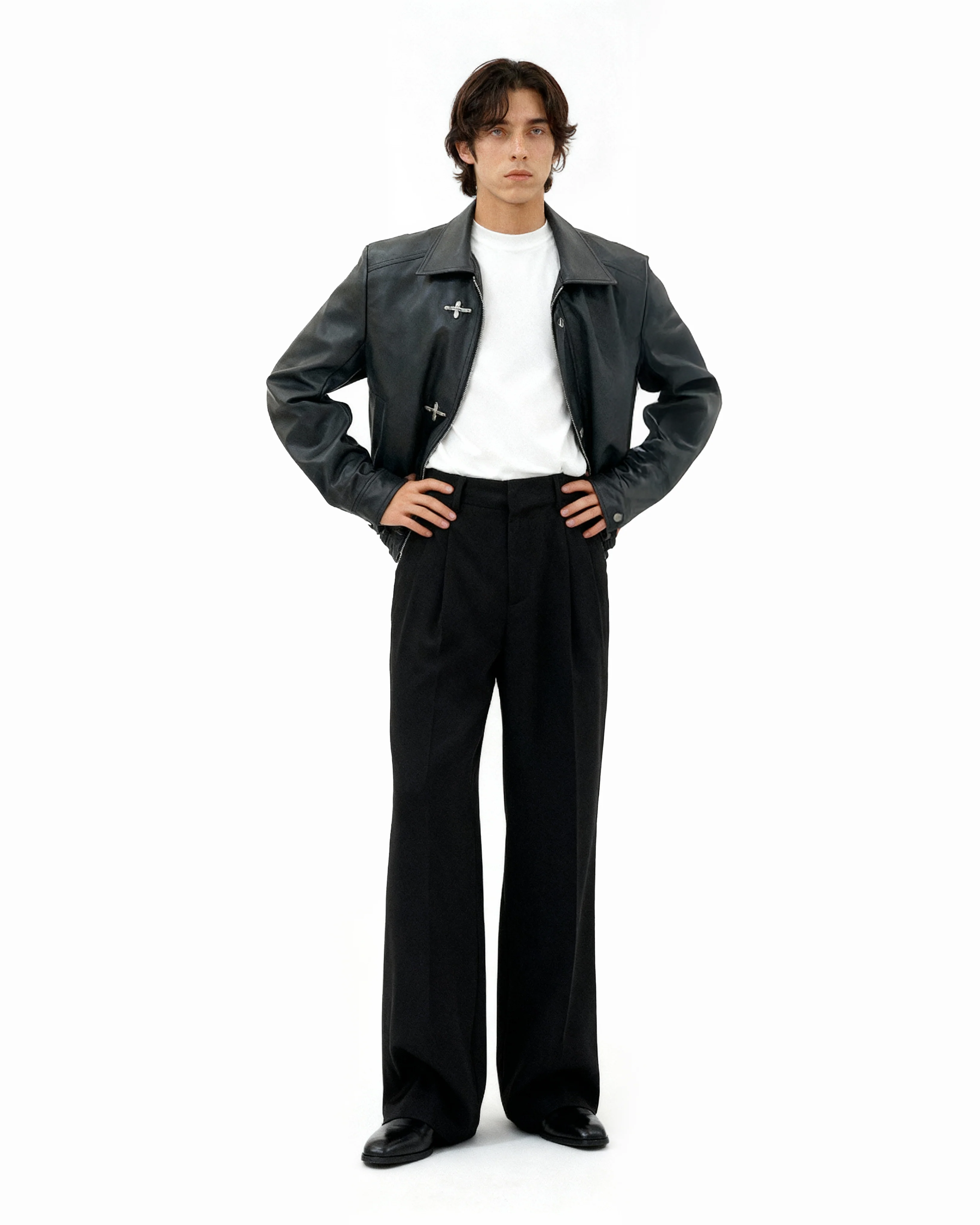 Fireman Clasp-Buckle Faux Leather Collared Jacket - Image 7