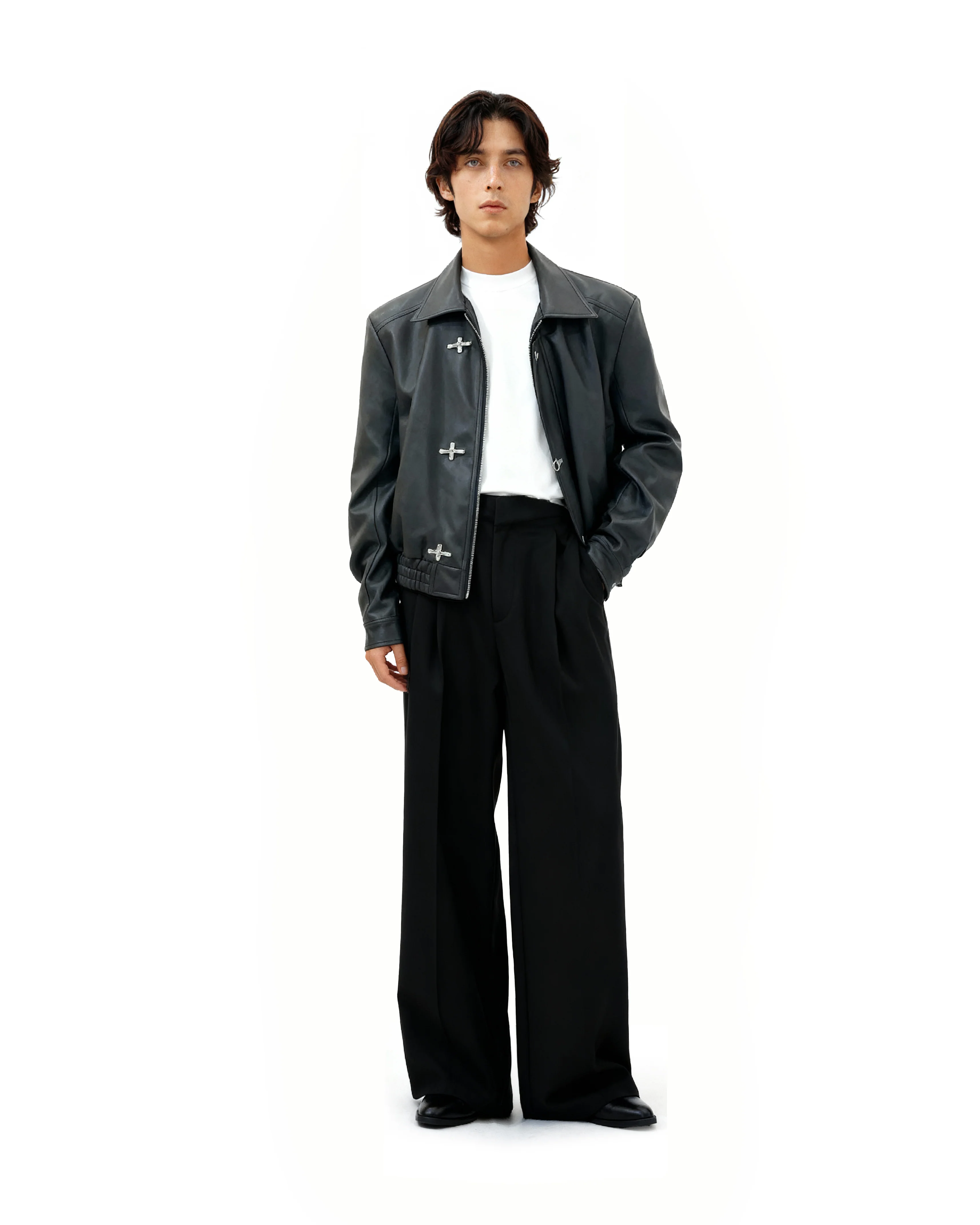Fireman Clasp-Buckle Faux Leather Collared Jacket - Image 9