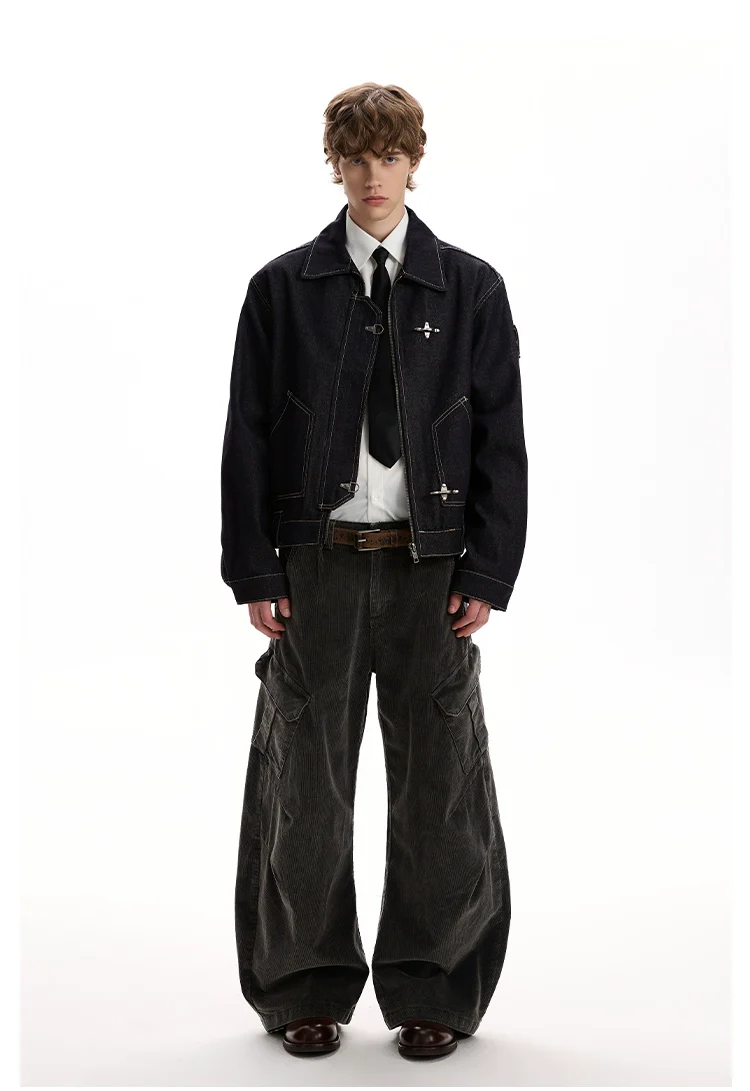 Fireman Clasp Contrast-Stitch Dark Wash Denim Zip Jacket - Image 5