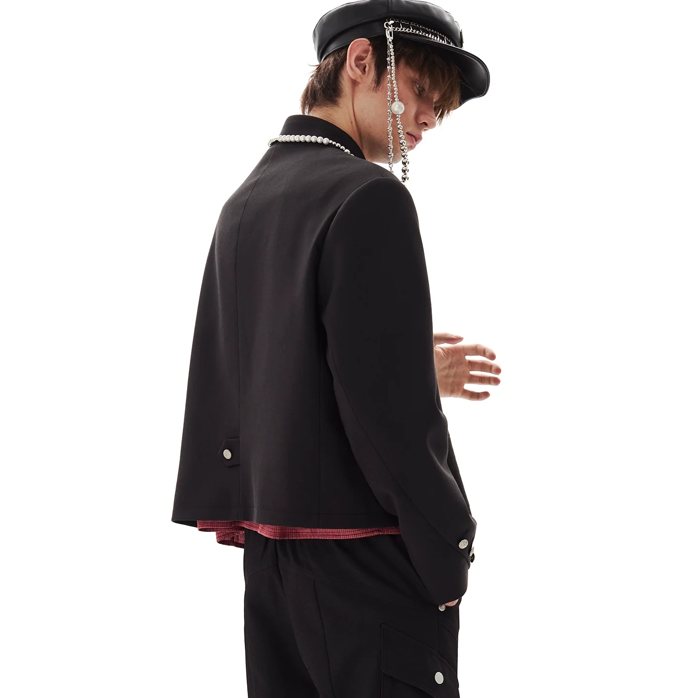 Fireman Clasp Mandarin Collar Cropped Suit Jacket - Image 3