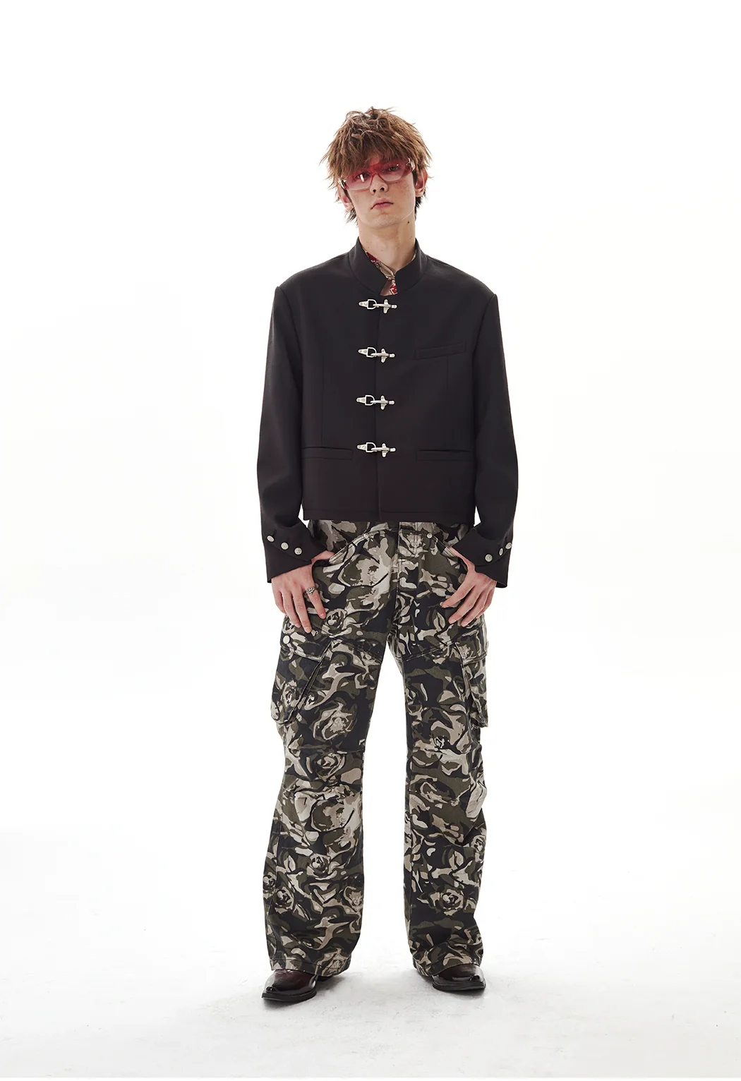 Fireman Clasp Mandarin Collar Cropped Suit Jacket - Image 5