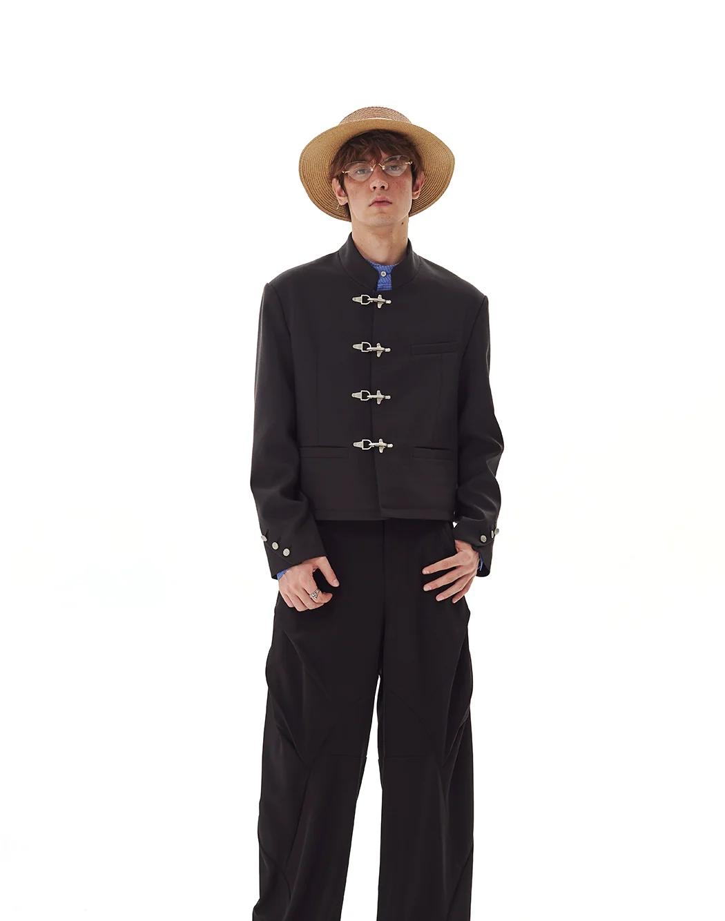 Fireman Clasp Mandarin Collar Cropped Suit Jacket - Image 7
