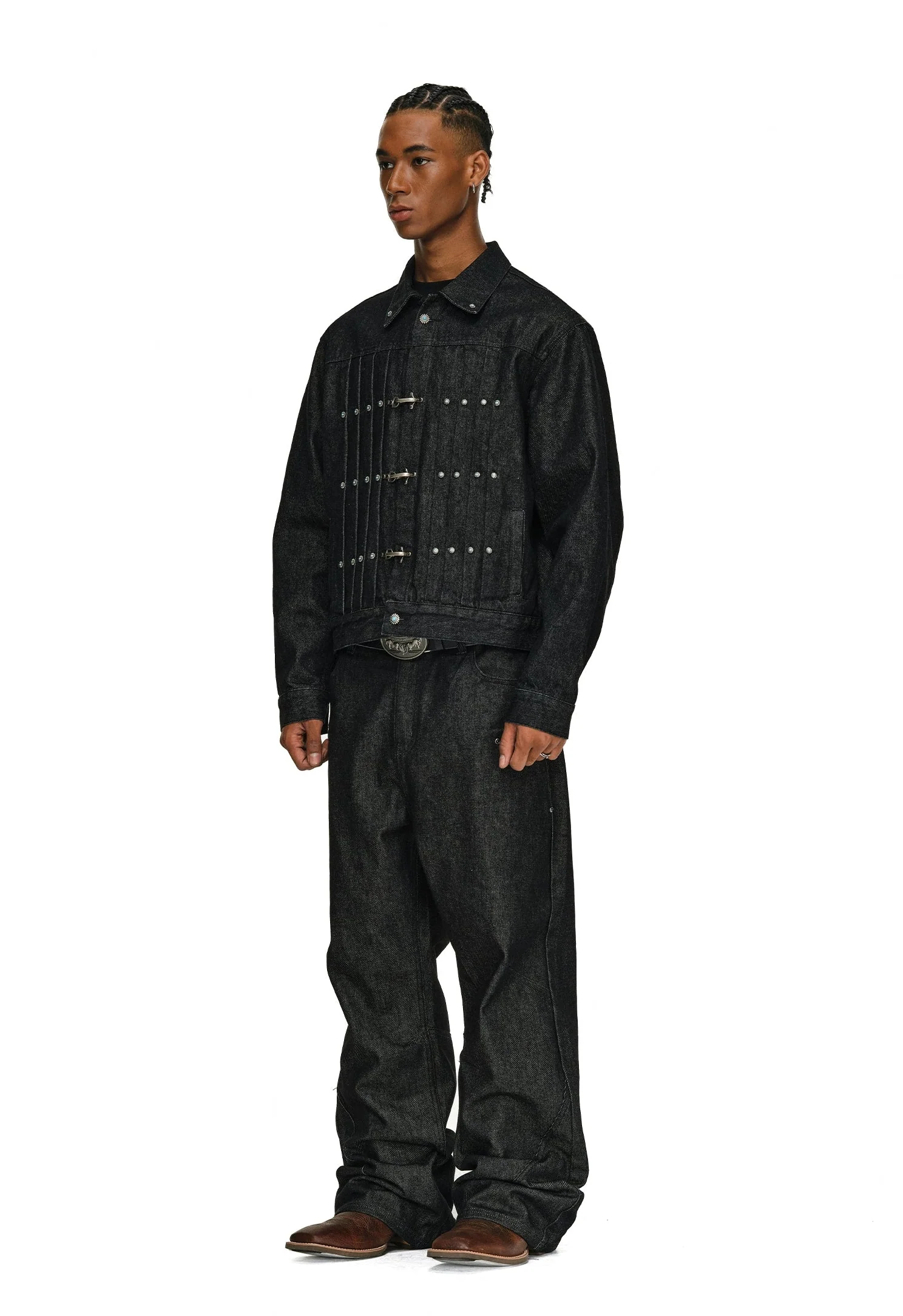 Fireman Clasp Pleated Denim Jacket with Studs - Image 6
