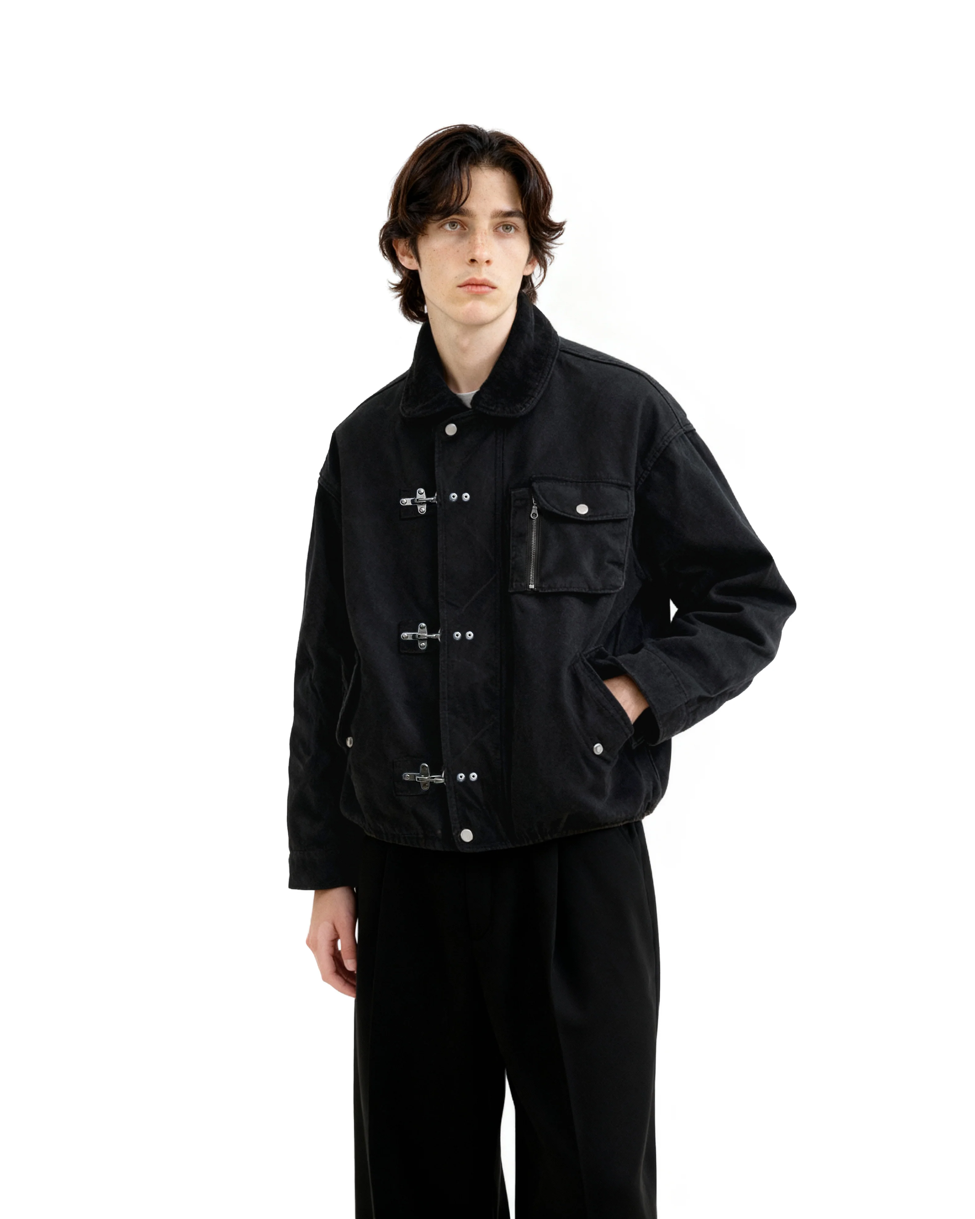 Fireman Clasp Worker Denim Jacket with Patch Pockets - Image 11
