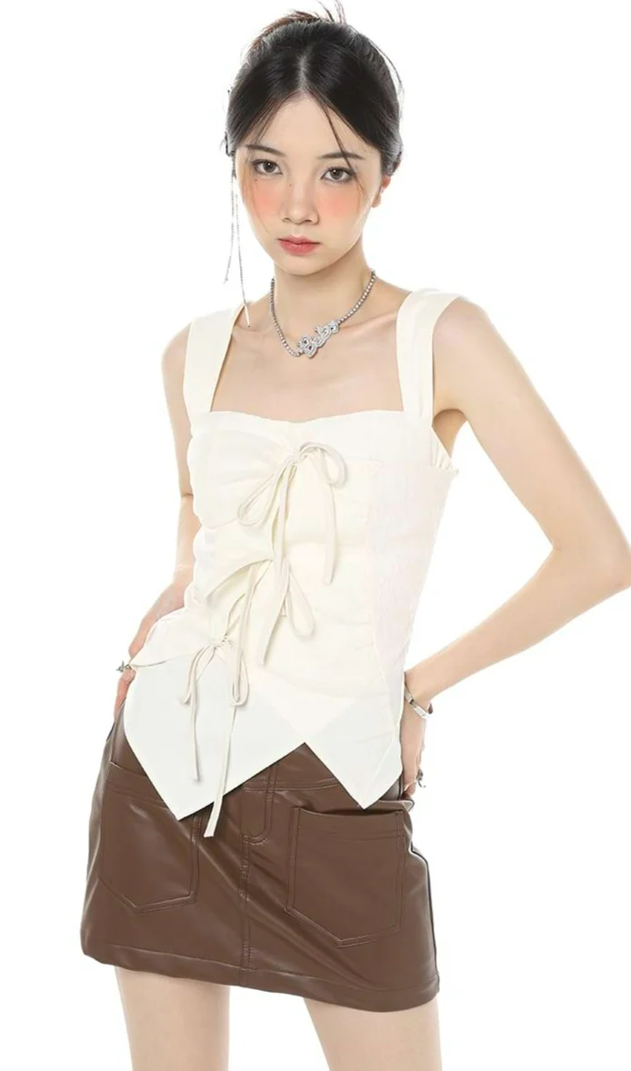 Flat Strap Asymmetric Hem Top with Bow-ties - Image 3