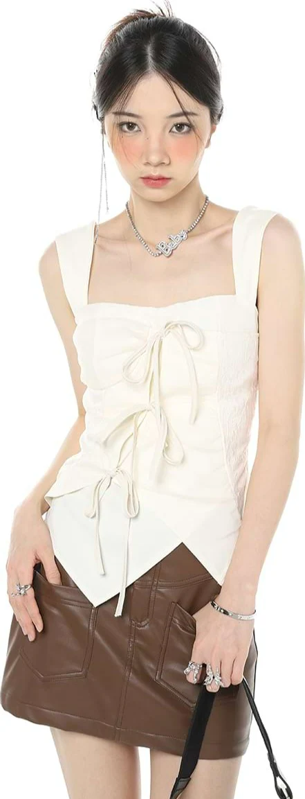 Flat Strap Asymmetric Hem Top with Bow-ties - Image 5