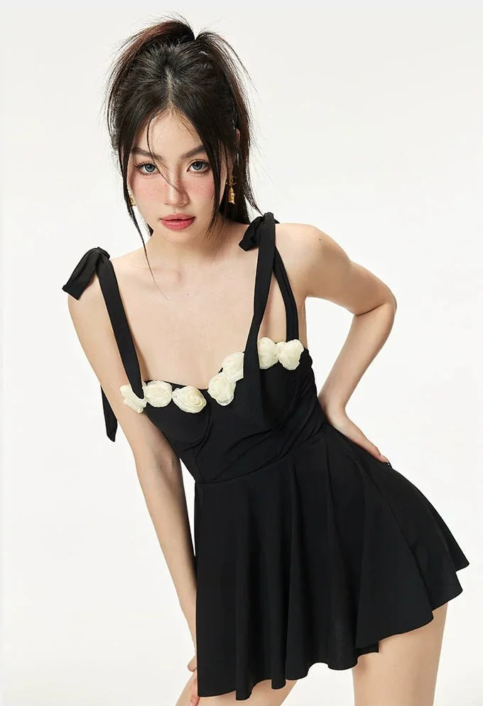 Floral Accent Skater Skirt One-Piece Swimsuit - Image 4