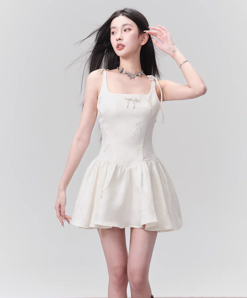 Floral Jacquard Corset Bodice Mini Dress with Bow Detail - Image 2