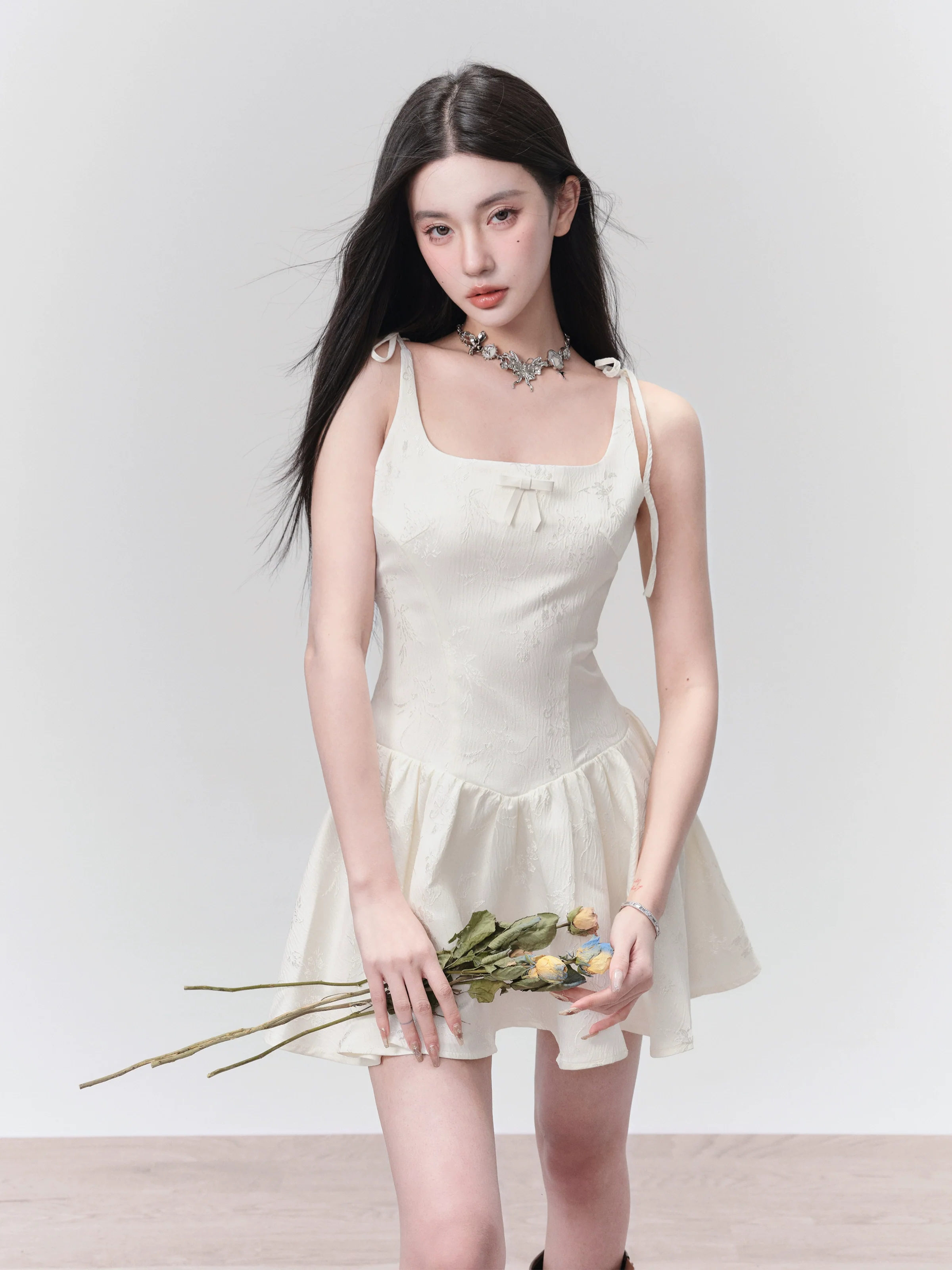 Floral Jacquard Corset Bodice Mini Dress with Bow Detail - Image 3