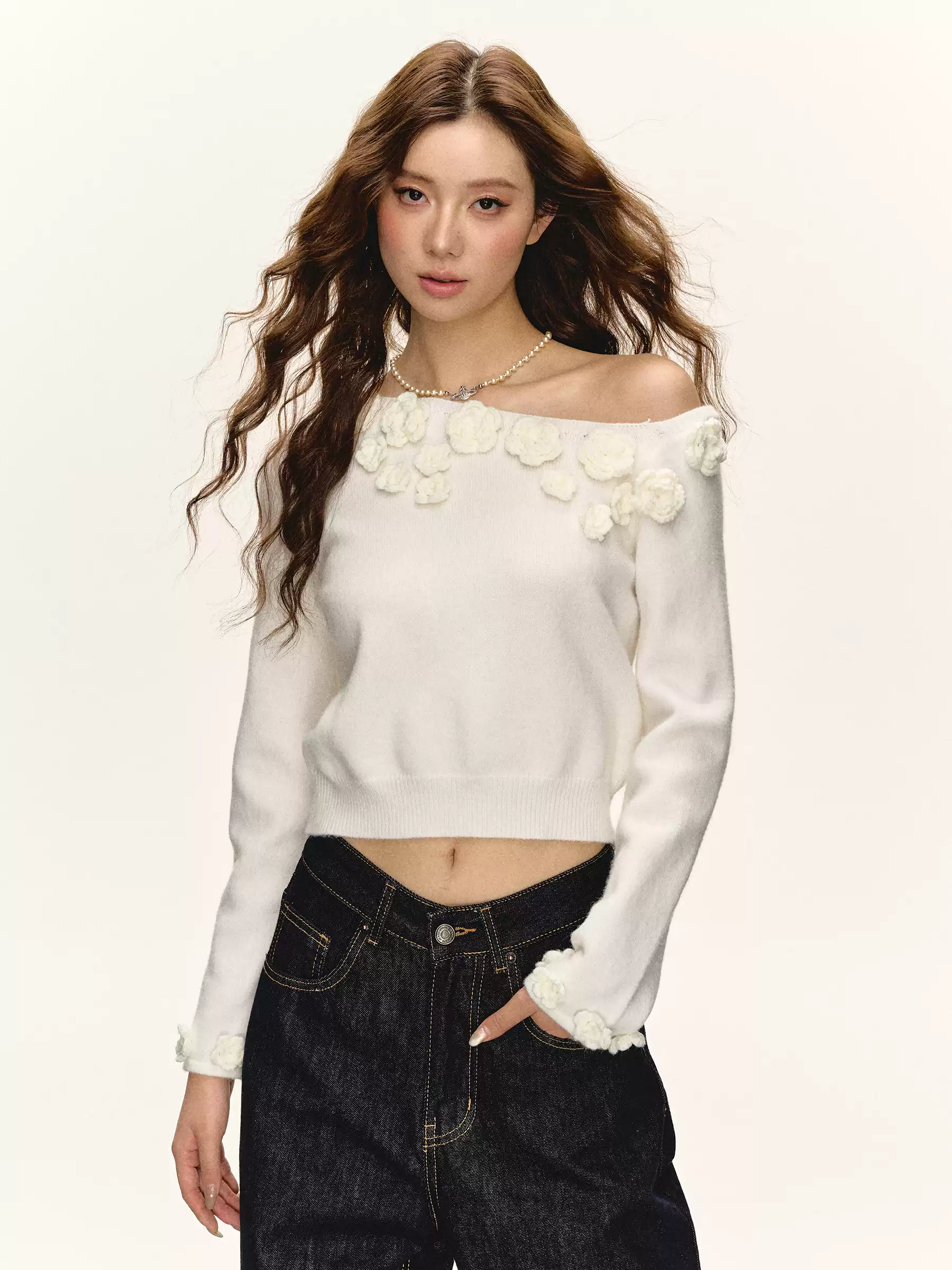 Flower Applique Trim Off Shoulder Crop Top