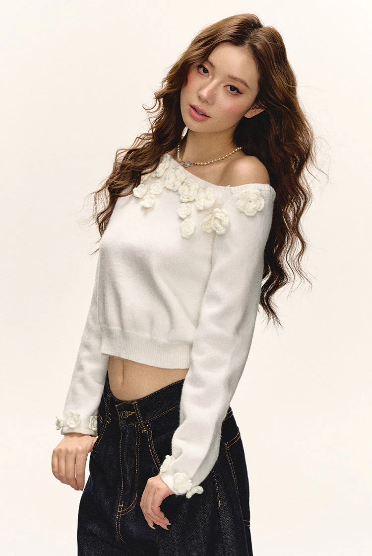 Flower Applique Trim Off Shoulder Crop Top - Image 6