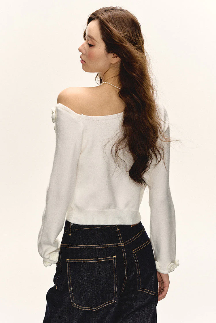 Flower Applique Trim Off Shoulder Crop Top - Image 8