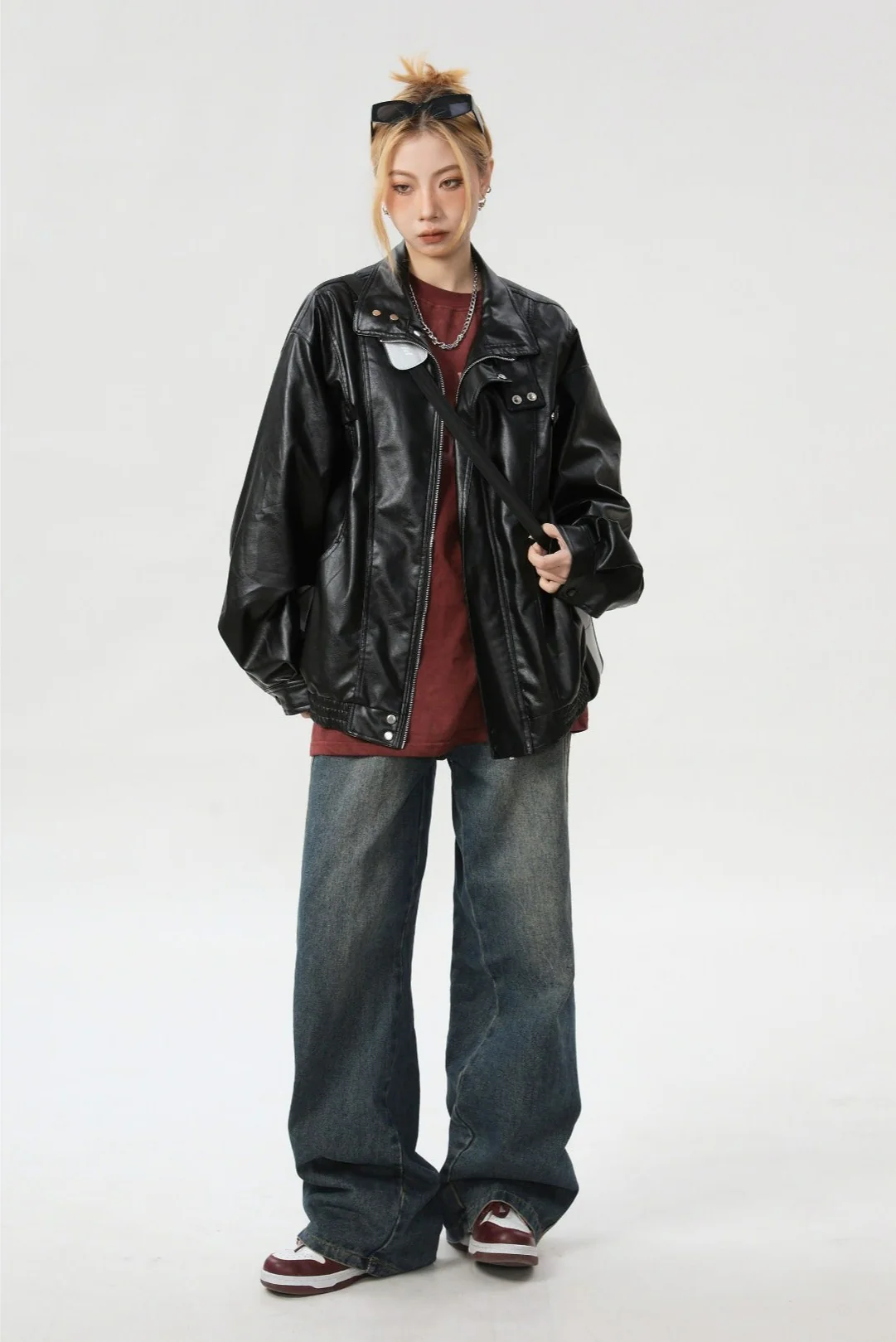 Fold Over Collar Faux Leather Jacket - Image 3
