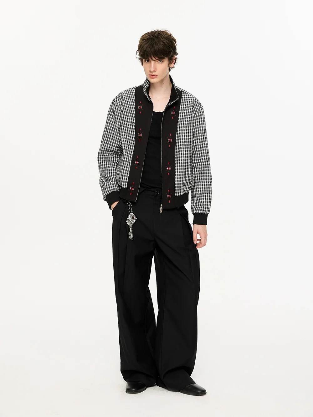 Fold-Over Plaid Pattern Waist Pleated Pants - Image 6