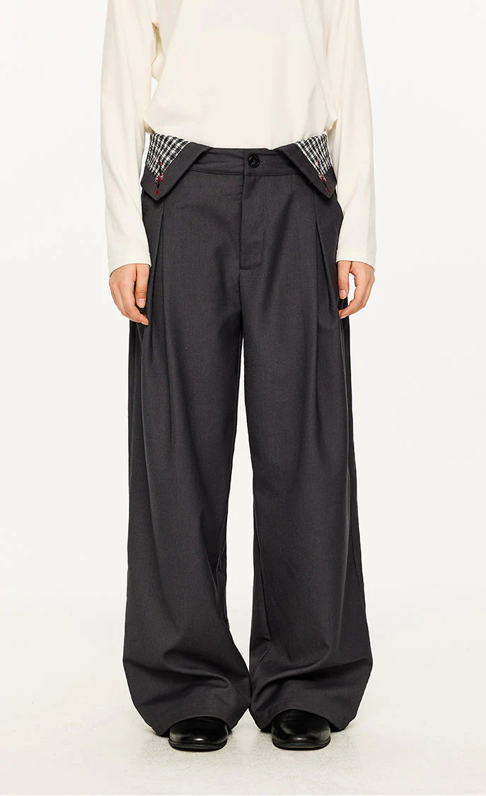 Fold-Over Plaid Pattern Waist Pleated Pants - Image 8