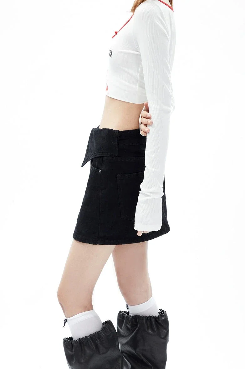 Fold Over Waist Faded Denim Mini Skirt - Image 11