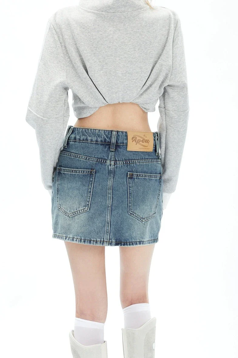 Fold Over Waist Faded Denim Mini Skirt - Image 3
