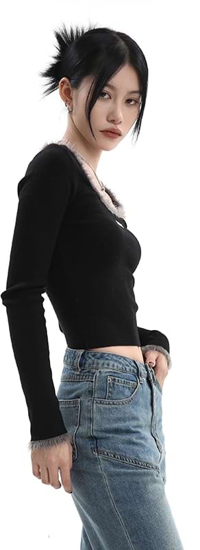 Fuzzy Collar and Sleeve Skinny Crop Top - Image 2