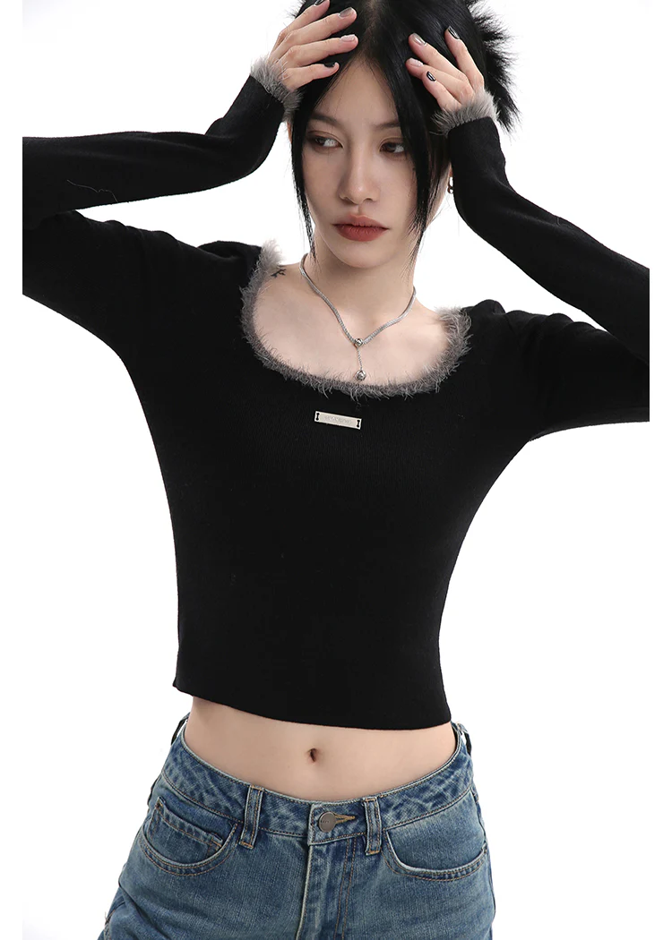 Fuzzy Collar and Sleeve Skinny Crop Top - Image 3