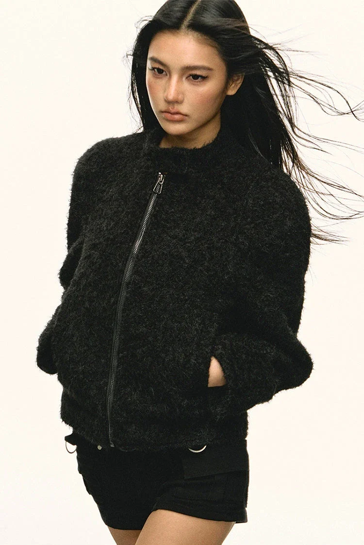 Fuzzy Mock Neck Zip Racer Jacket - Image 3