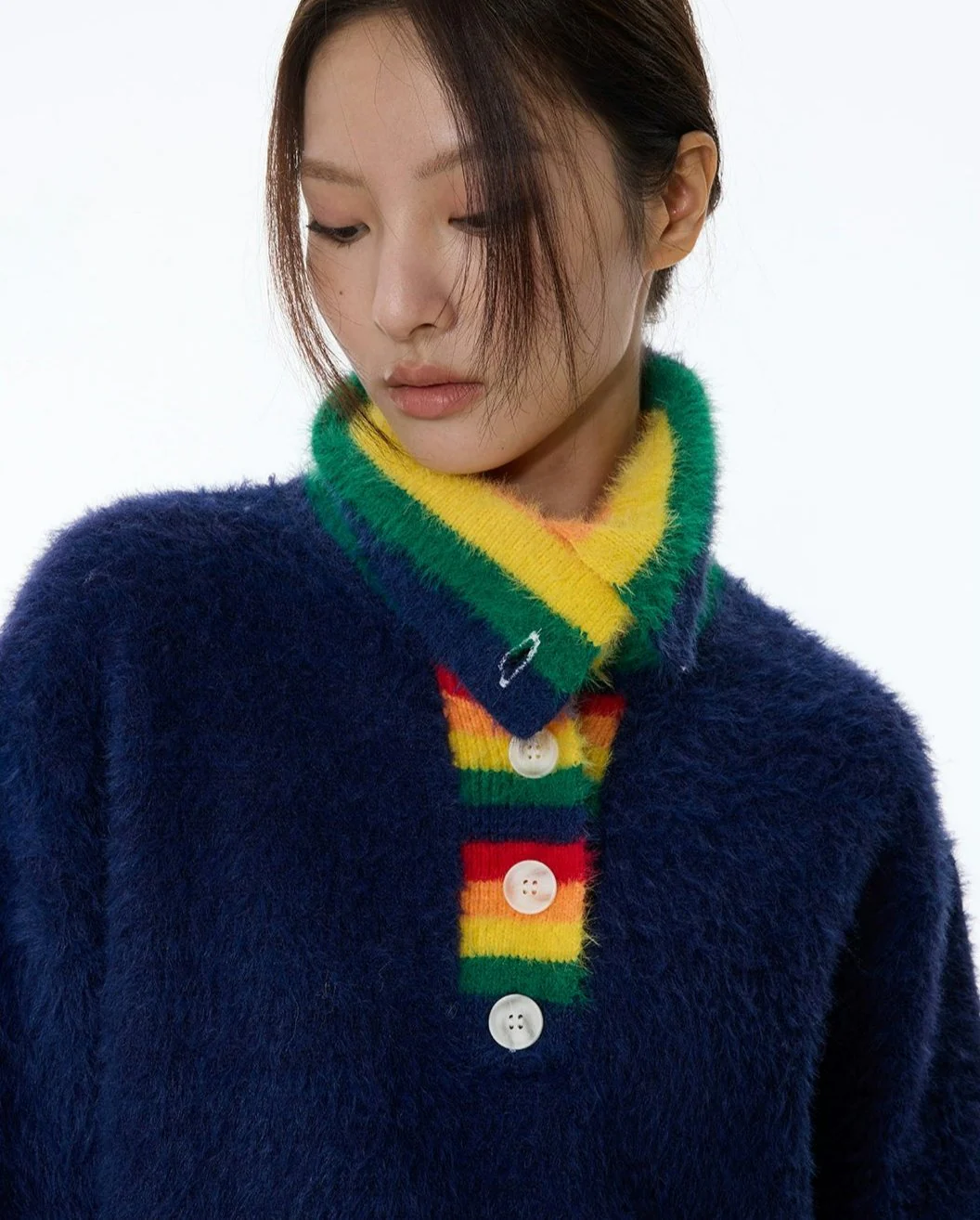 Fuzzy Oversized Sweater with Rainbow Collar Detail - Image 20