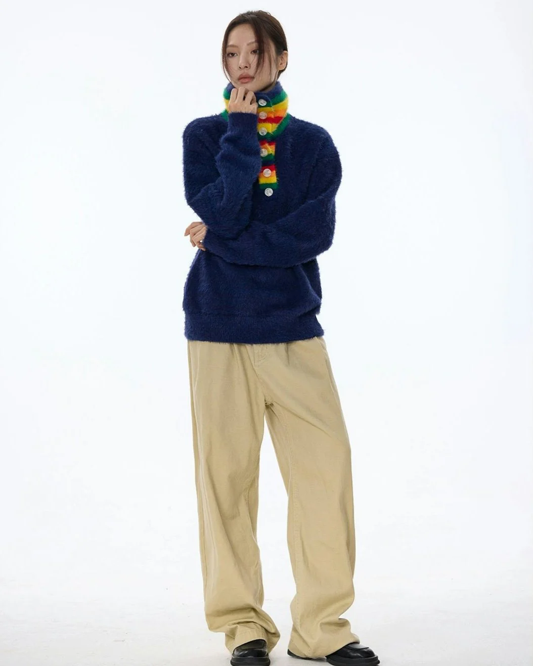 Fuzzy Oversized Sweater with Rainbow Collar Detail - Image 21