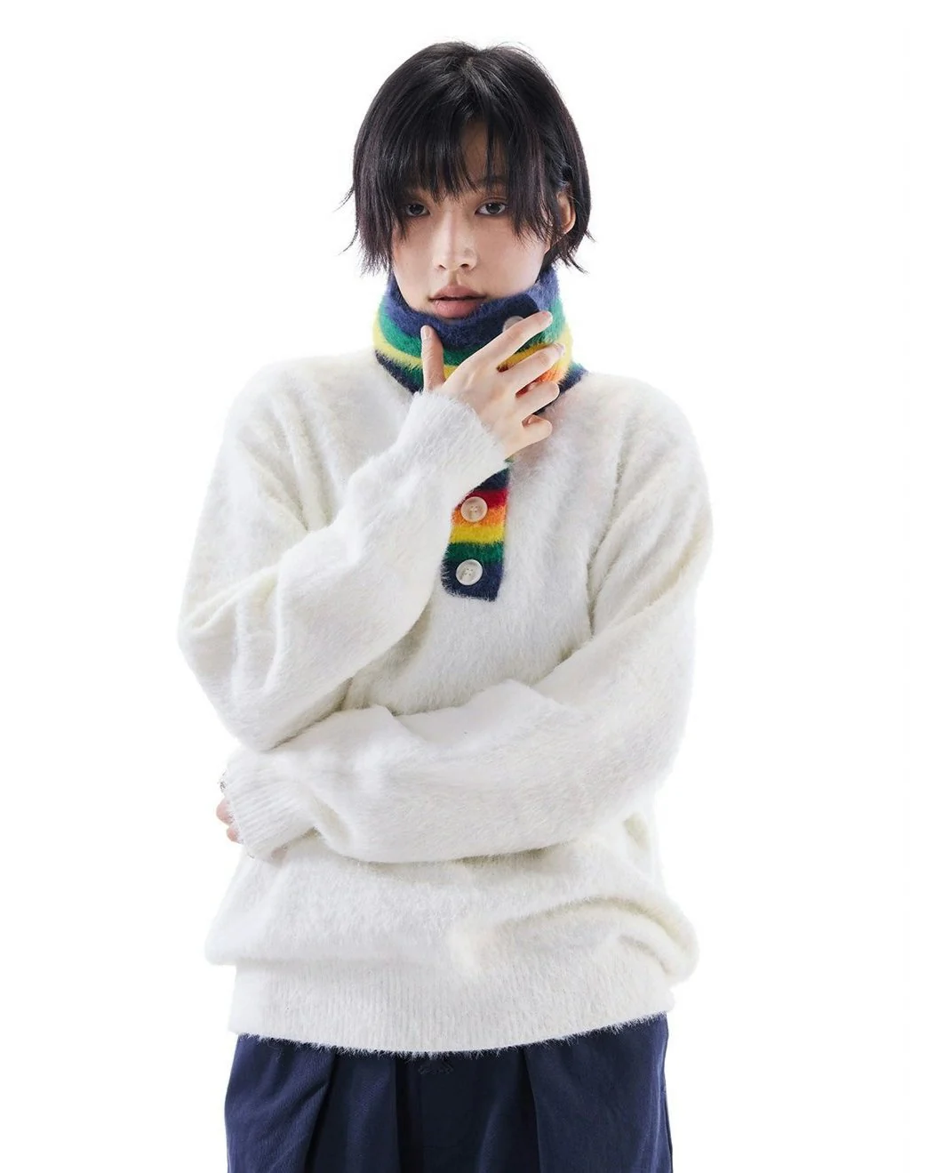 Fuzzy Oversized Sweater with Rainbow Collar Detail - Image 7