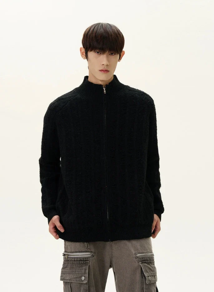 Fuzzy Ribbed Trim Mock Neck Zip Jacket - Image 11