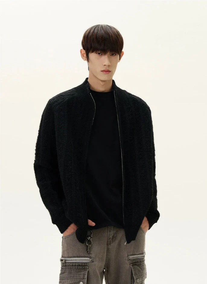 Fuzzy Ribbed Trim Mock Neck Zip Jacket - Image 12
