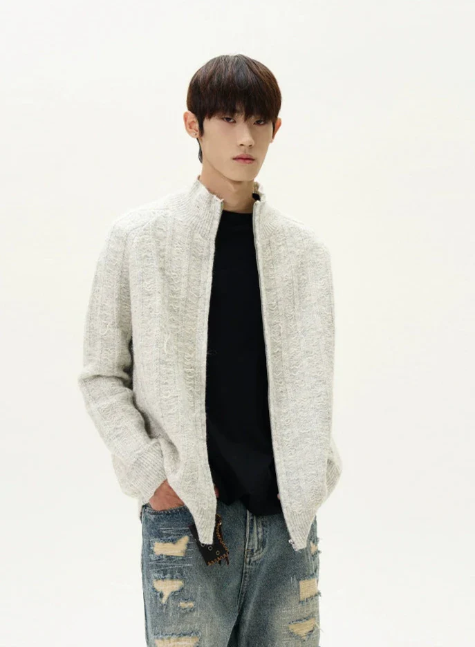 Fuzzy Ribbed Trim Mock Neck Zip Jacket - Image 6