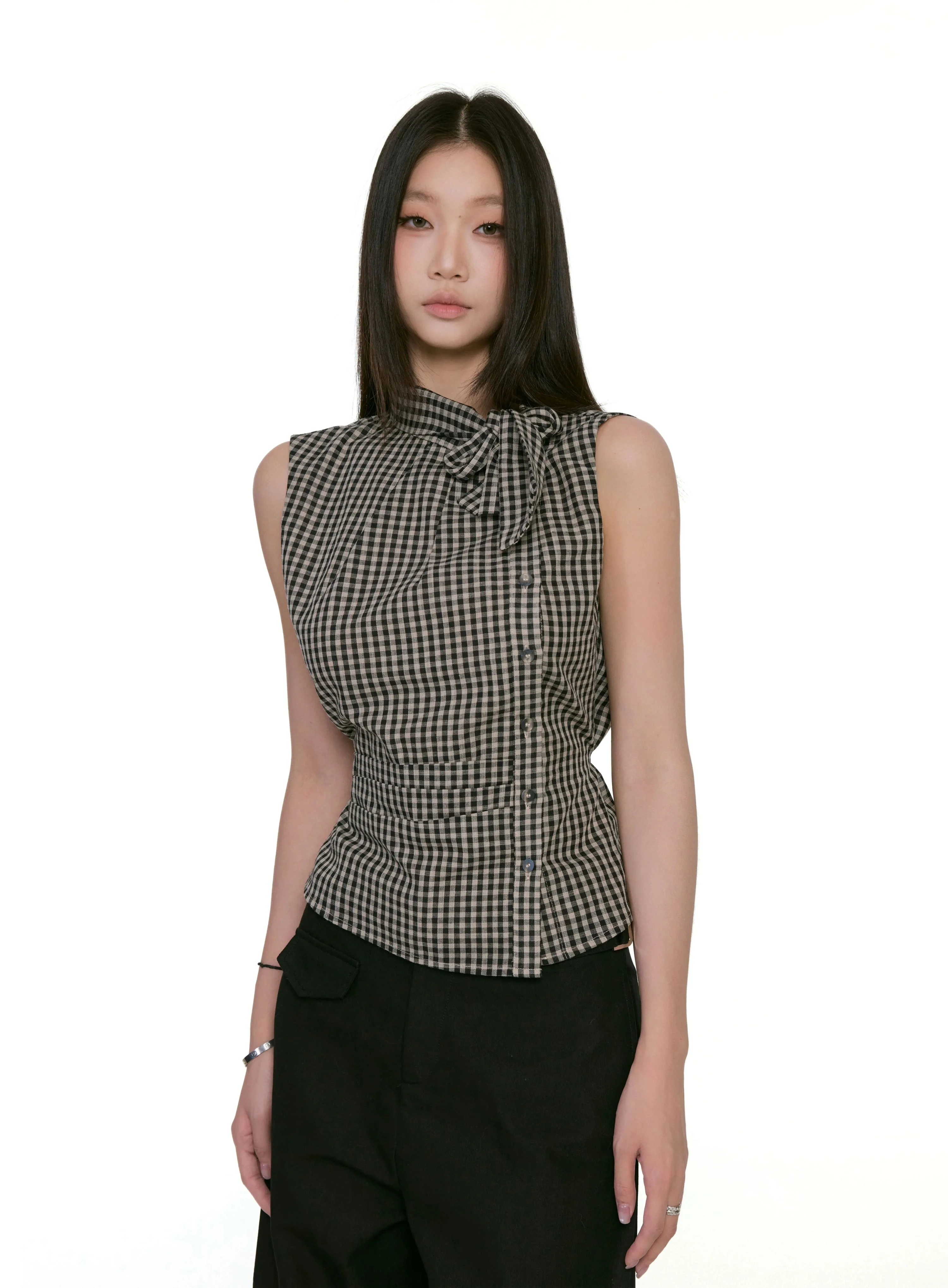 Gingham Asymmetric Button Sleeveless Top with Bow Detail - Image 6