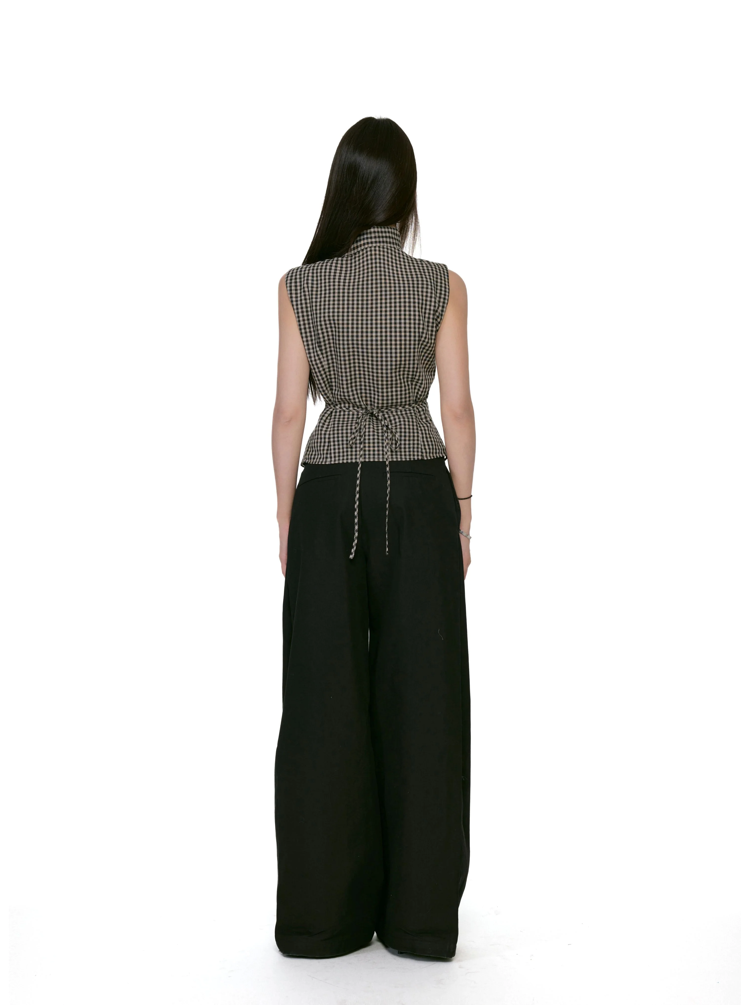 Gingham Asymmetric Button Sleeveless Top with Bow Detail - Image 9