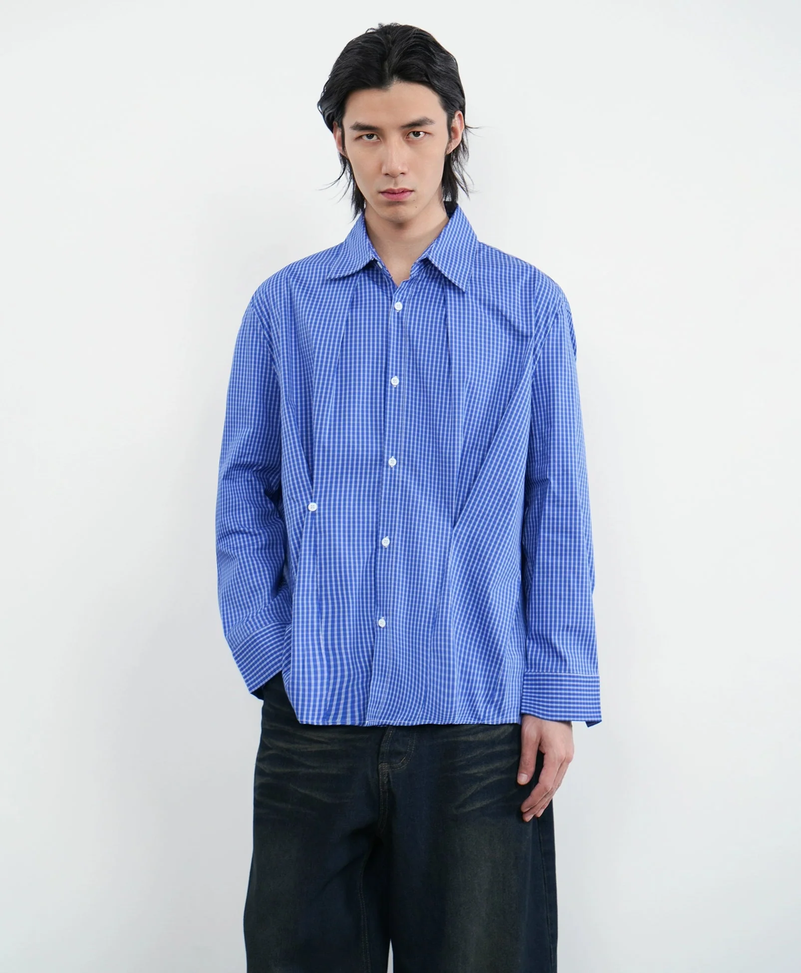 Gingham Long Sleeve Shirt with Pleat Details - Image 2