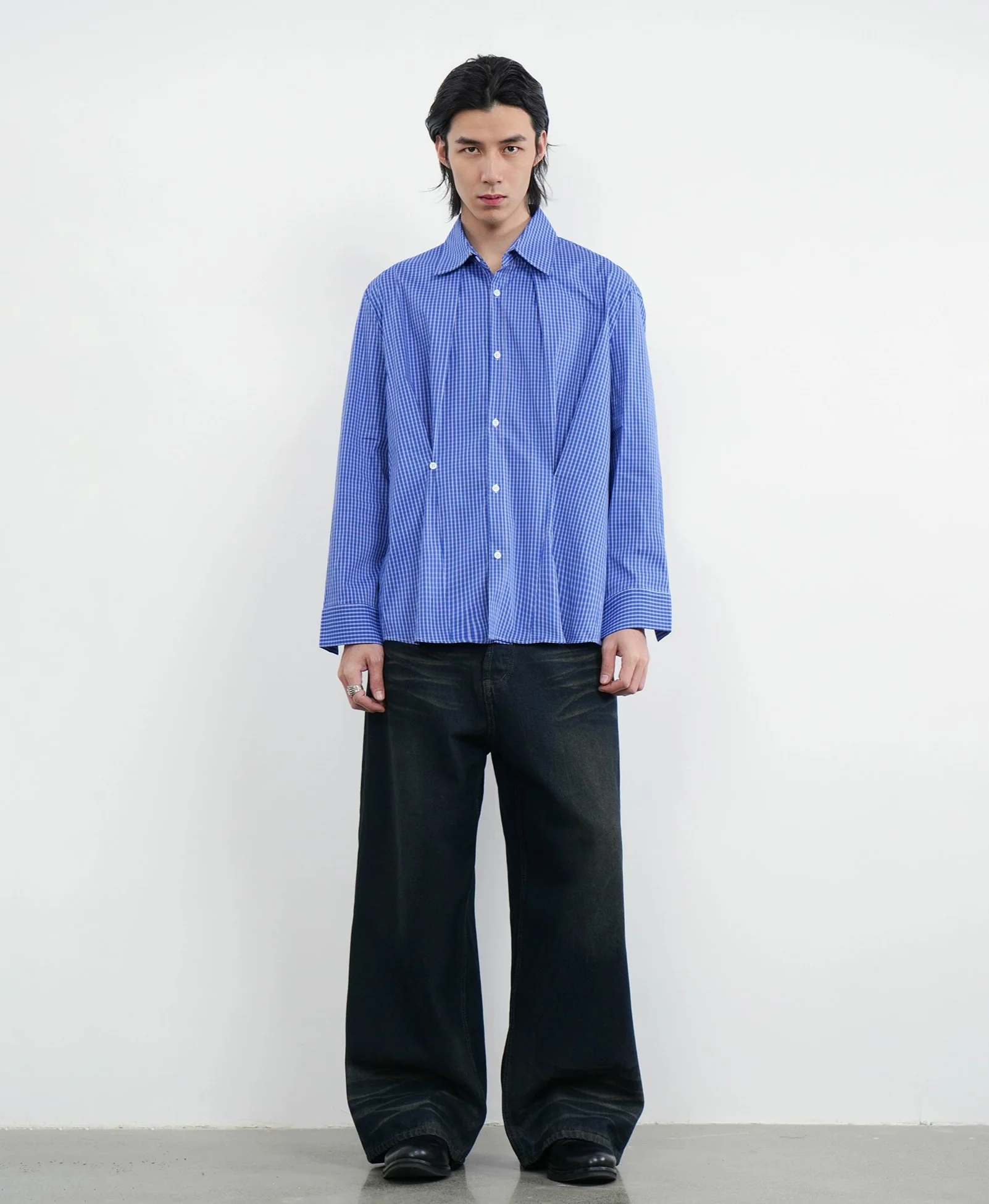 Gingham Long Sleeve Shirt with Pleat Details - Image 3