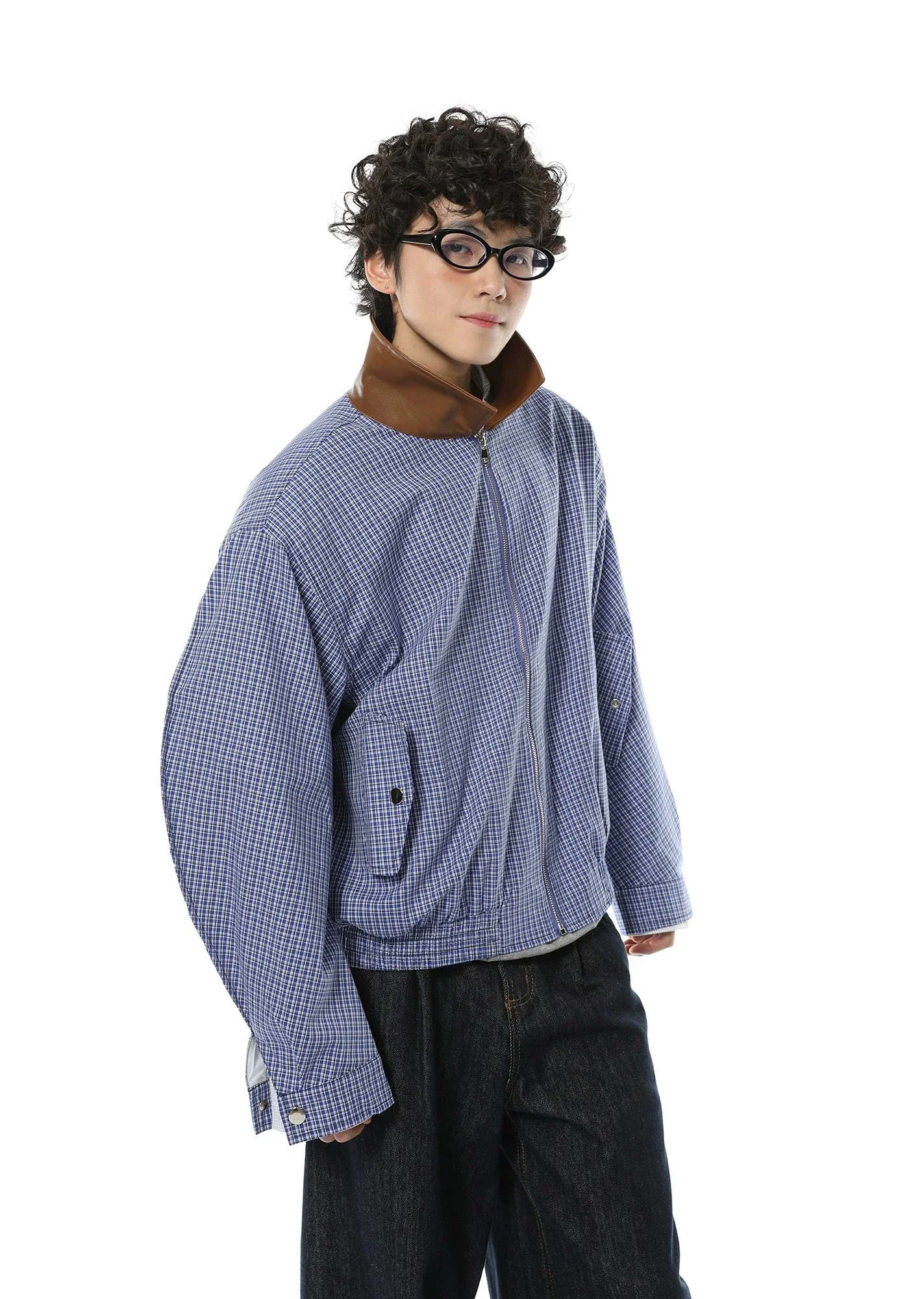 Gingham Two-Tone High-Collar Zip Bomber Jacket - Image 3