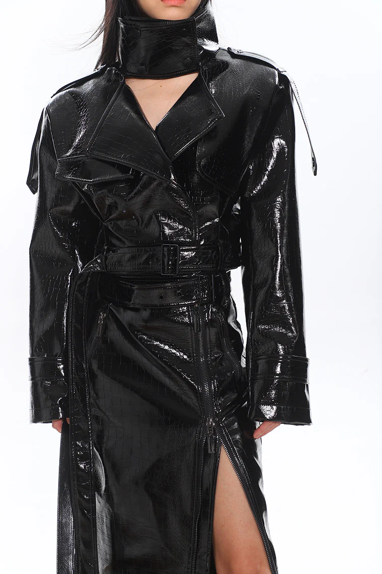 Glossy Belted Faux Leather Two-Piece Trench Set - Image 12
