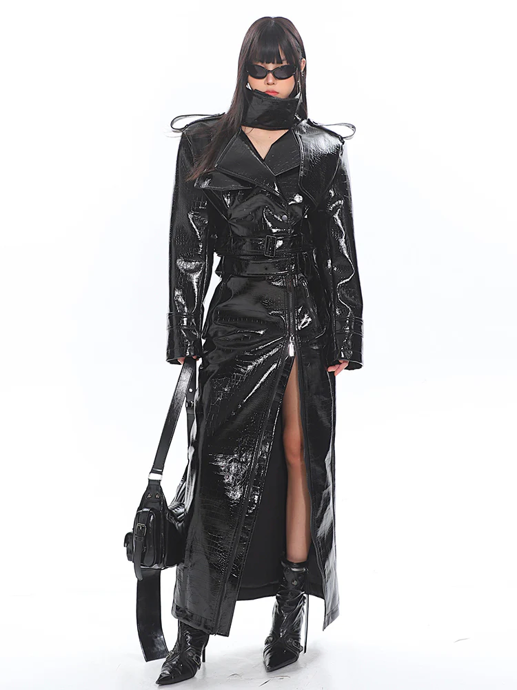 Glossy Belted Faux Leather Two-Piece Trench Set - Image 2