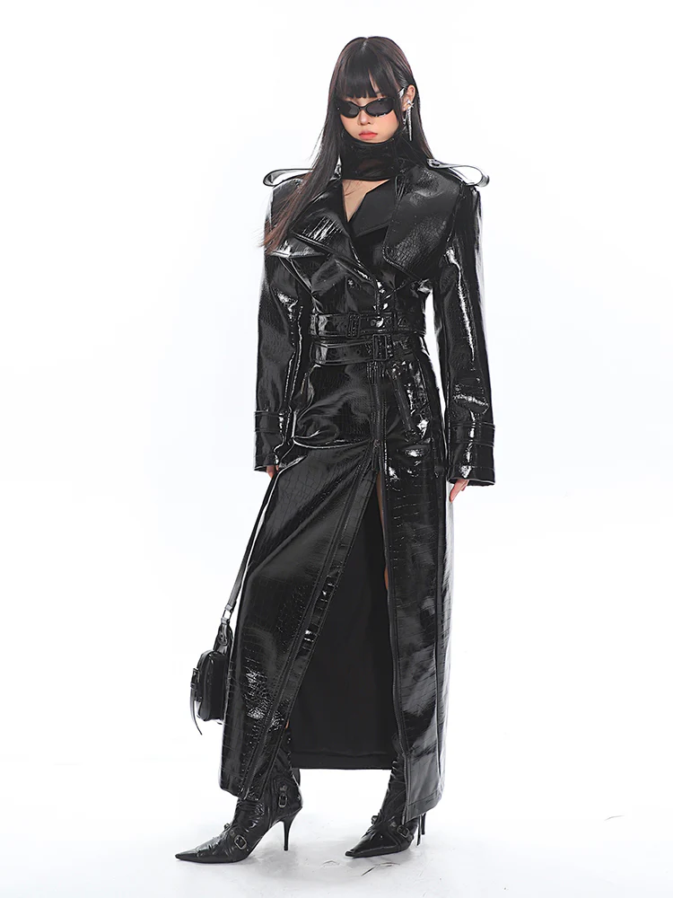 Glossy Belted Faux Leather Two-Piece Trench Set - Image 4