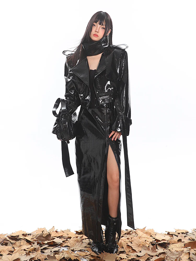 Glossy Belted Faux Leather Two-Piece Trench Set - Image 5