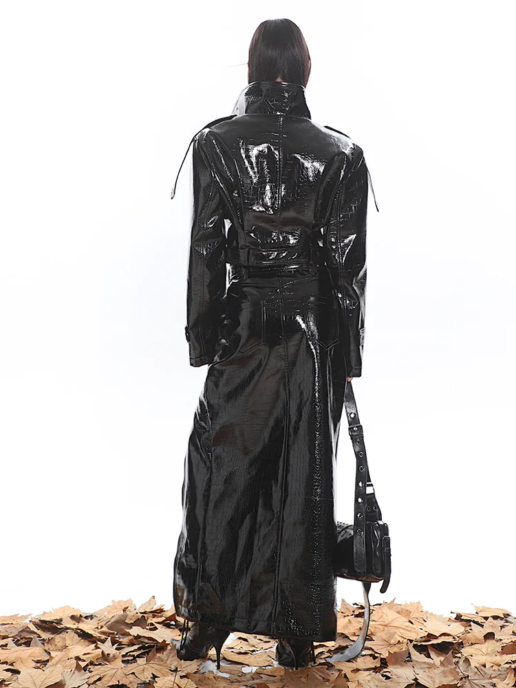 Glossy Belted Faux Leather Two-Piece Trench Set - Image 7