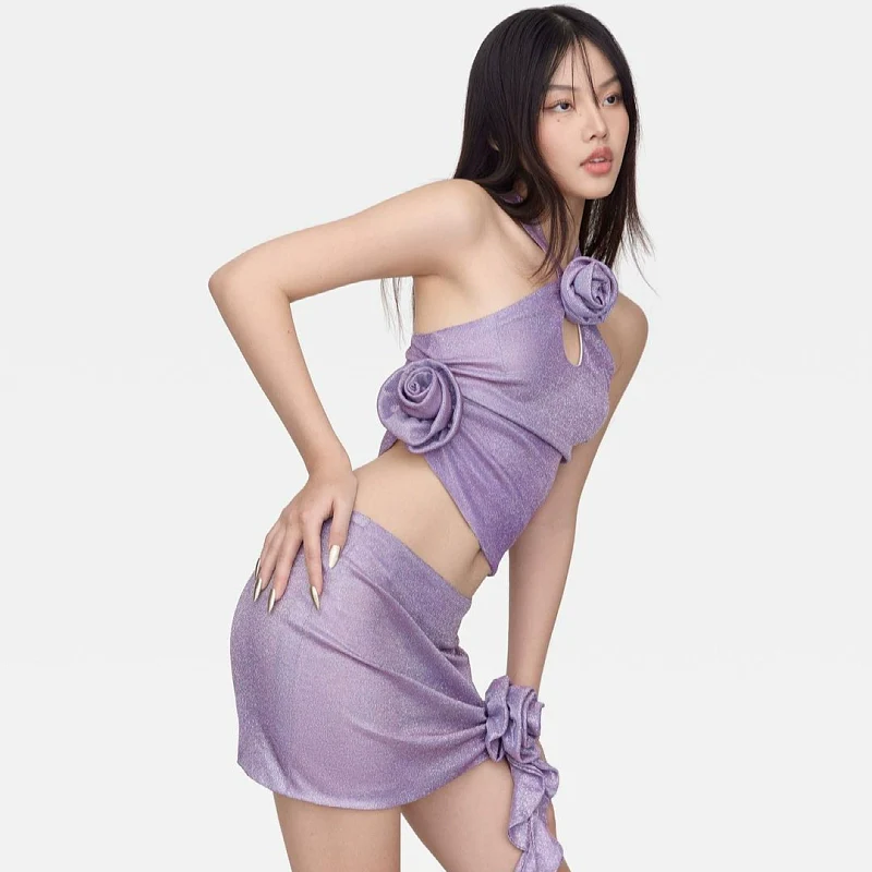 Glossy Floral Ruffle Wrap Halter Top and Mini Skirt Set - Image 2