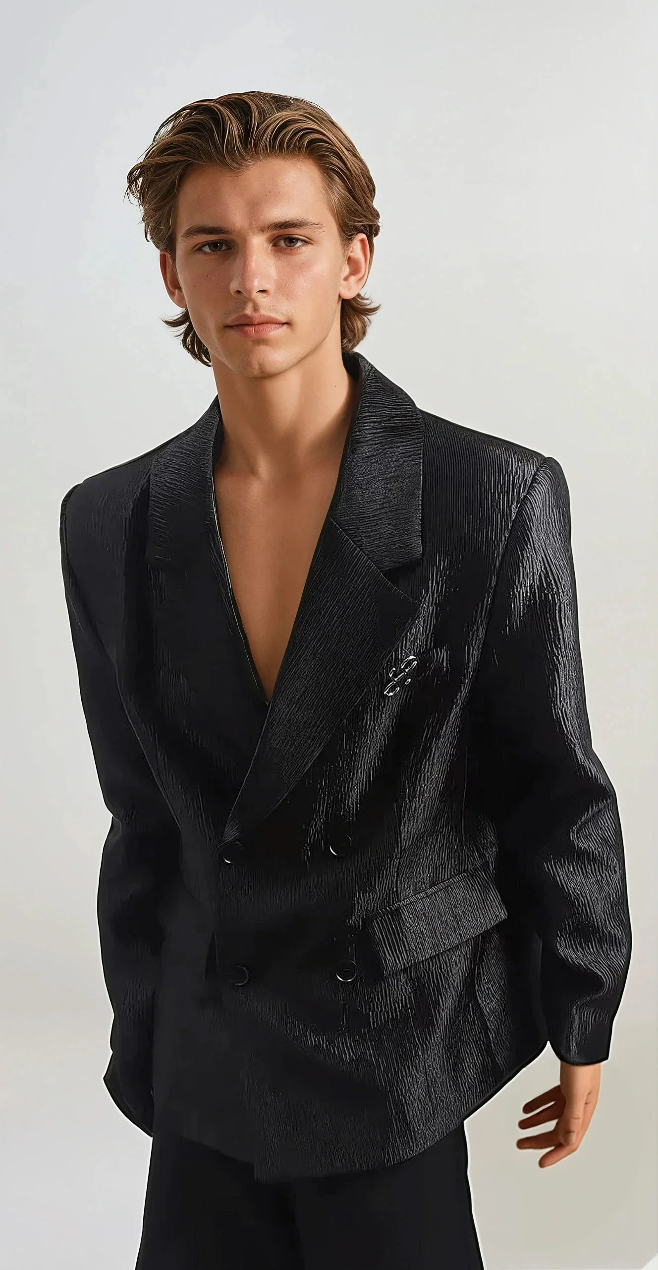 Textured Double-Breasted Blazer with Peak Lapel - Image 7