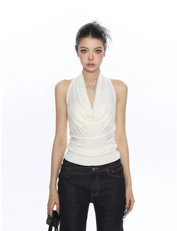 Halter Neck Drape Ribbed Knit Sleeveless Top