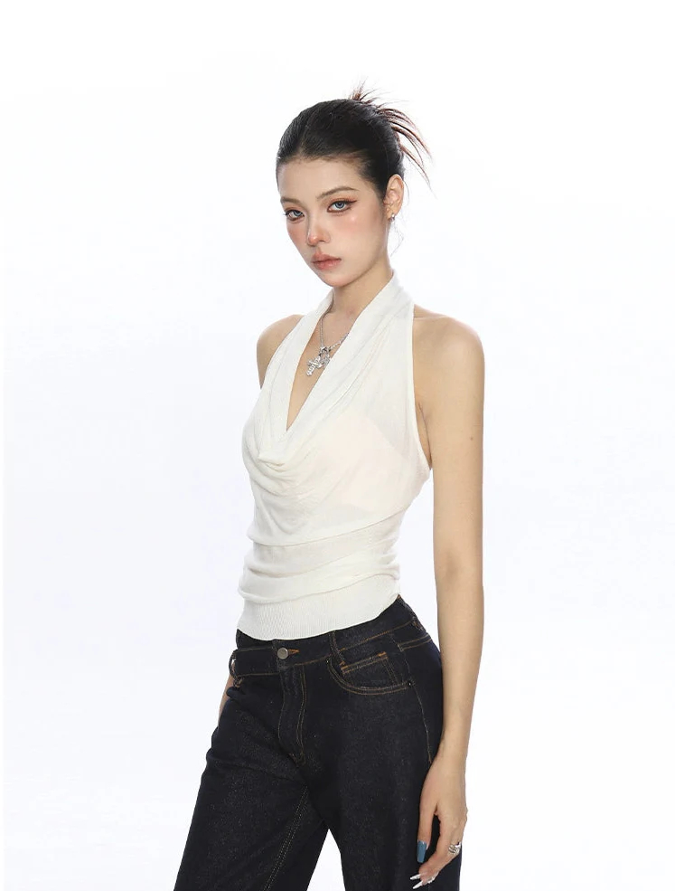 Halter Neck Drape Ribbed Knit Sleeveless Top - Image 3