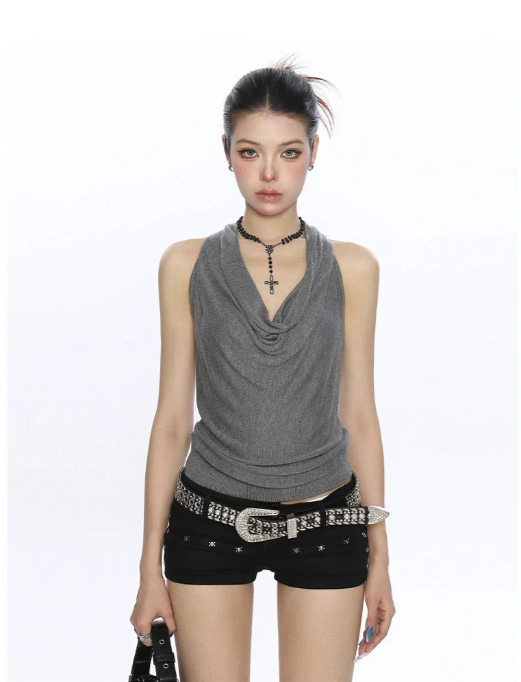 Halter Neck Drape Ribbed Knit Sleeveless Top - Image 6