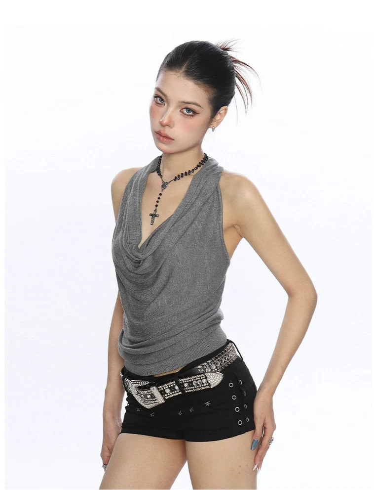 Halter Neck Drape Ribbed Knit Sleeveless Top - Image 7