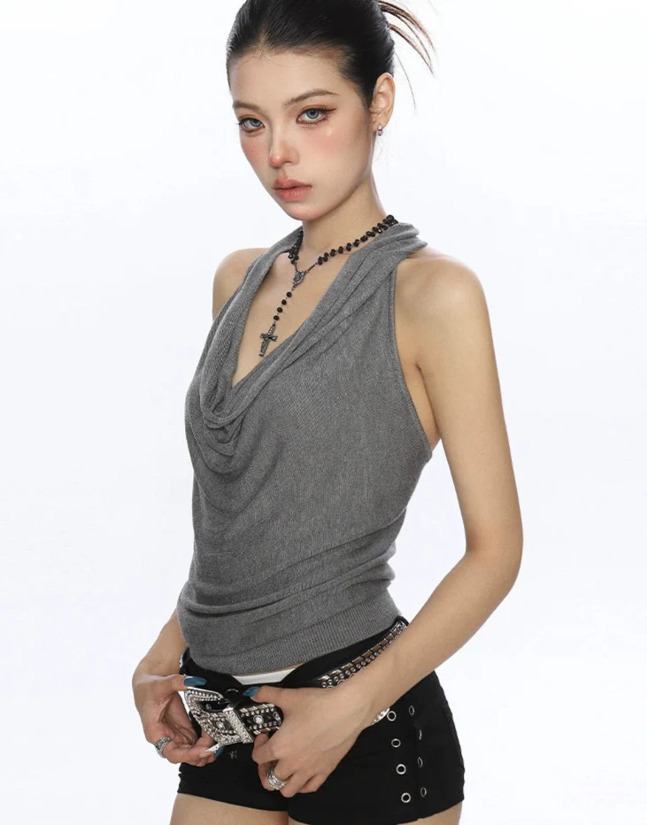 Halter Neck Drape Ribbed Knit Sleeveless Top - Image 8