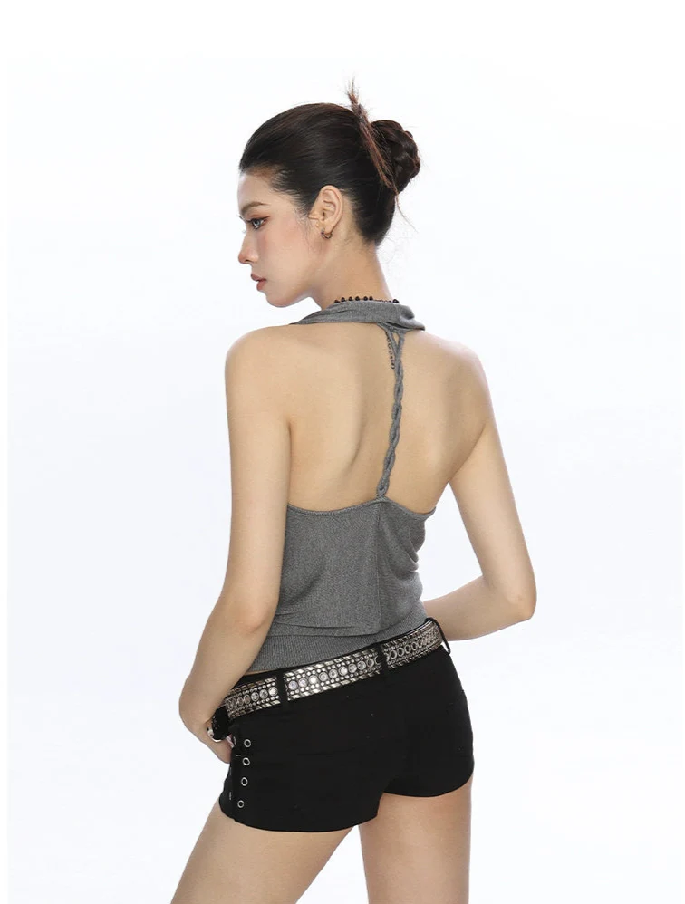 Halter Neck Drape Ribbed Knit Sleeveless Top - Image 9