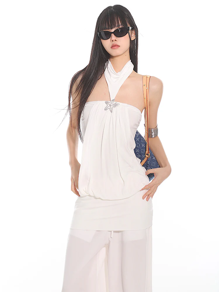 Halter Neck Draped Blouse with Pendant Detail - Image 13